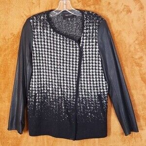 KAREN KANE Jacket Womens Medium Black Houndstooth Knit Moto Zip Textured Sleeve